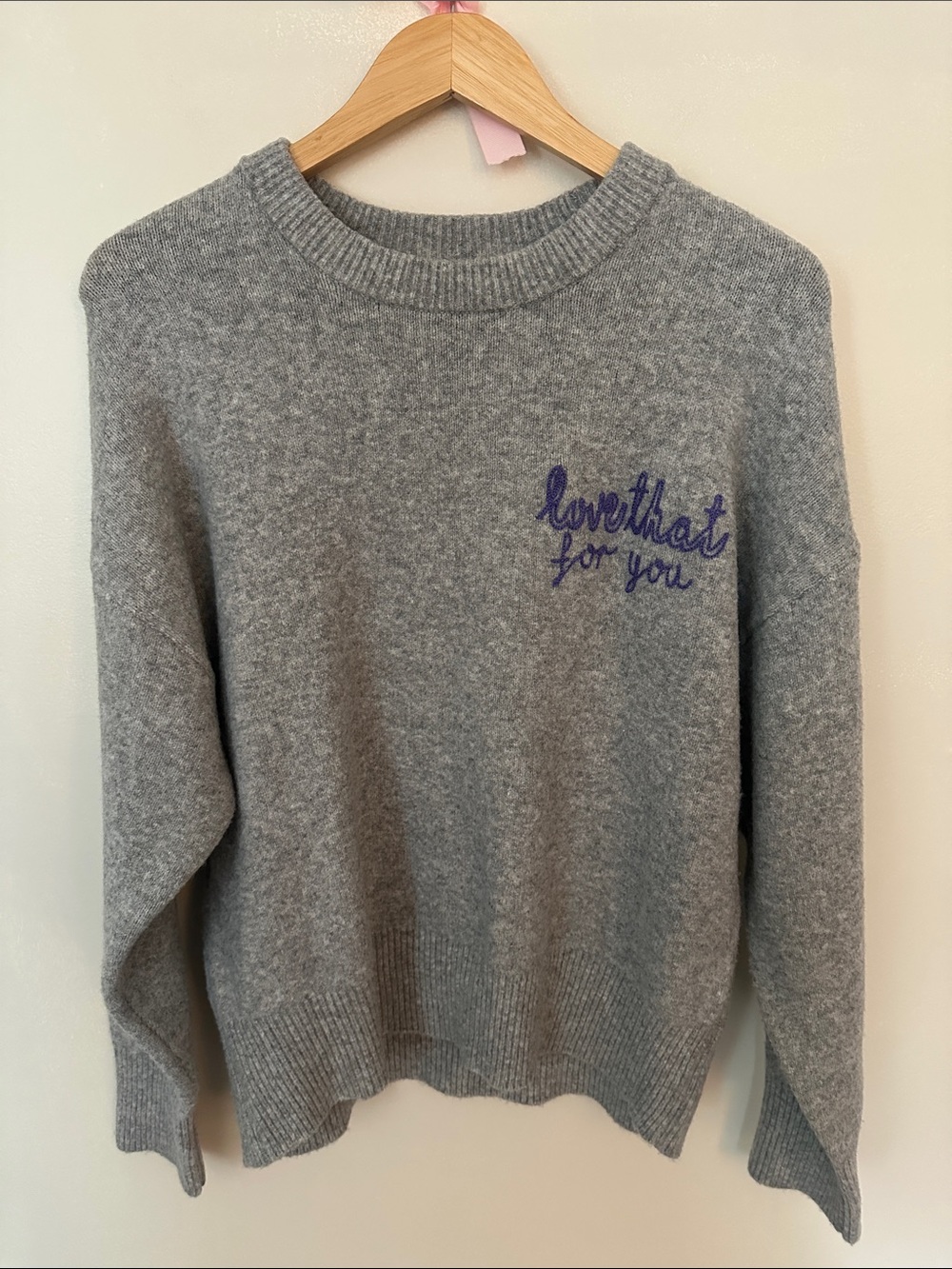 a new day Gray Crewneck Sweater with Blue Script